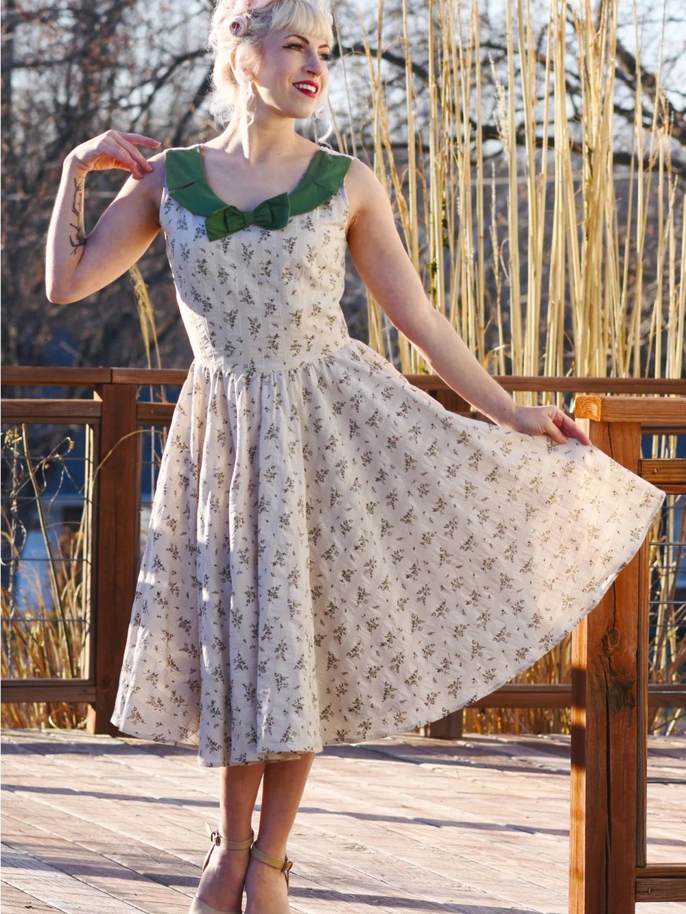 Cottage Core Romantic Cream Floral Midi Swing Dress with Green Collar